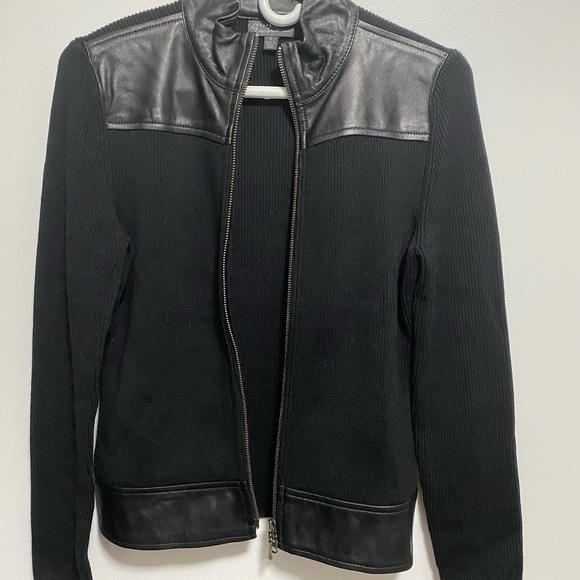 Nordstrom Classiques Entier Black Leather & Knit Zip-up Sweater - Picture 5 of 7